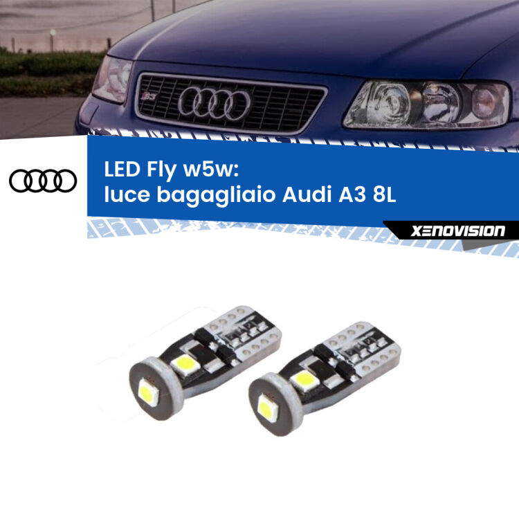 <strong>luce bagagliaio LED per Audi A3</strong> 8L 1996 - 2003. Coppia lampadine <strong>w5w</strong> Canbus compatte modello Fly Xenovision.