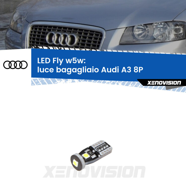 <strong>luce bagagliaio LED per Audi A3</strong> 8P 2003 - 2012. Coppia lampadine <strong>w5w</strong> Canbus compatte modello Fly Xenovision.