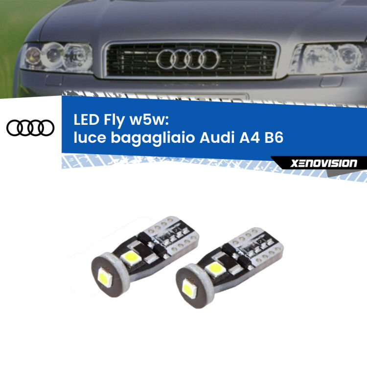 <strong>luce bagagliaio LED per Audi A4</strong> B6 2000 - 2004. Coppia lampadine <strong>w5w</strong> Canbus compatte modello Fly Xenovision.