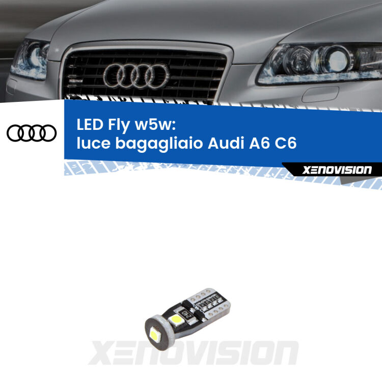 <strong>luce bagagliaio LED per Audi A6</strong> C6 2004 - 2011. Coppia lampadine <strong>w5w</strong> Canbus compatte modello Fly Xenovision.