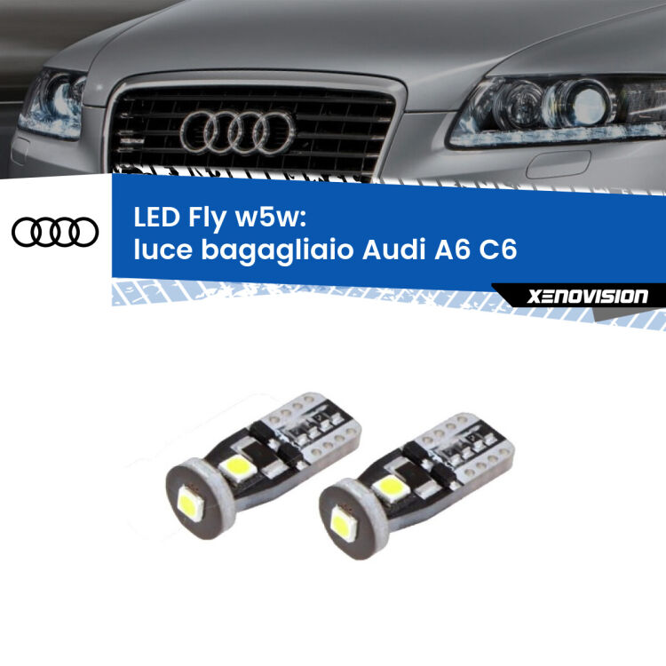 <strong>luce bagagliaio LED per Audi A6</strong> C6 2004 - 2011. Coppia lampadine <strong>w5w</strong> Canbus compatte modello Fly Xenovision.