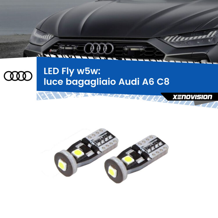 <strong>luce bagagliaio LED per Audi A6</strong> C8 2018 in poi. Coppia lampadine <strong>w5w</strong> Canbus compatte modello Fly Xenovision.