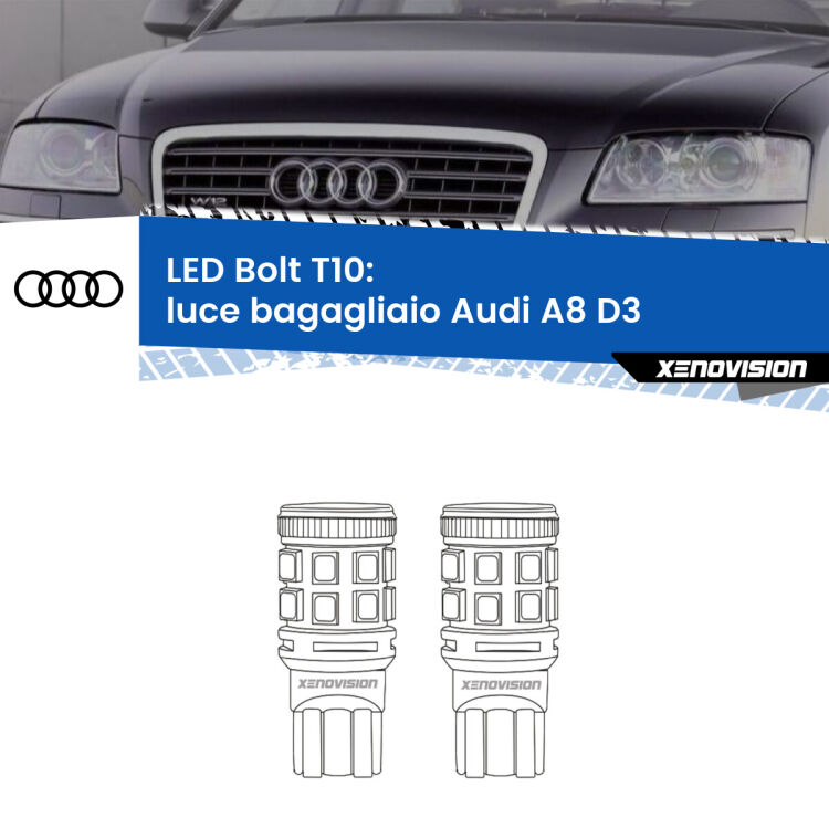 <strong>Luce Bagagliaio LED per Audi A8</strong> D3 2002 - 2009. Coppia lampade <strong>T10</strong> modello Bolt canbus.