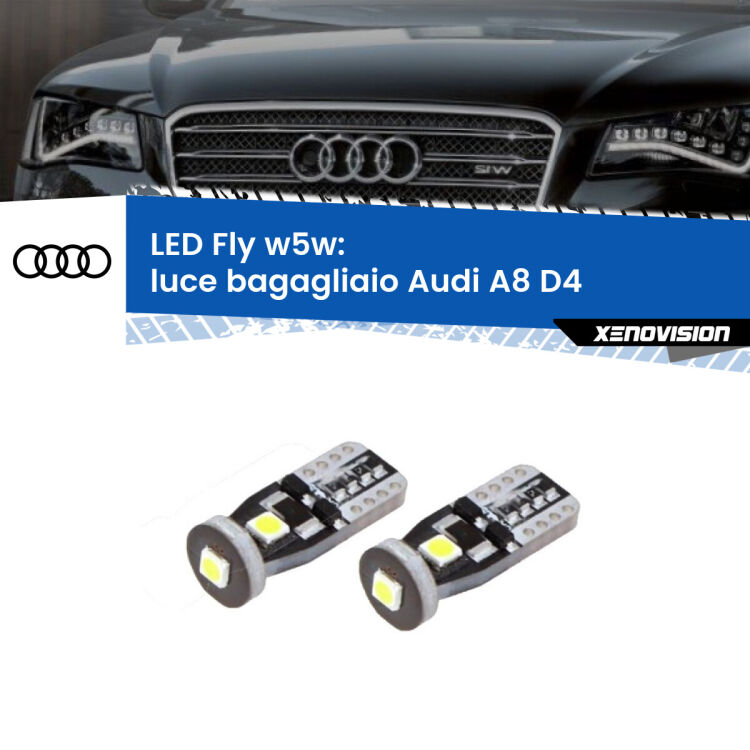 <strong>luce bagagliaio LED per Audi A8</strong> D4 2009 - 2018. Coppia lampadine <strong>w5w</strong> Canbus compatte modello Fly Xenovision.