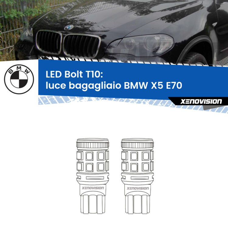 <strong>Luce Bagagliaio LED per BMW X5</strong> E70 2006 - 2013. Coppia lampade <strong>T10</strong> modello Bolt canbus.