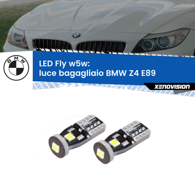 <strong>luce bagagliaio LED per BMW Z4</strong> E89 2009 - 2016. Coppia lampadine <strong>w5w</strong> Canbus compatte modello Fly Xenovision.