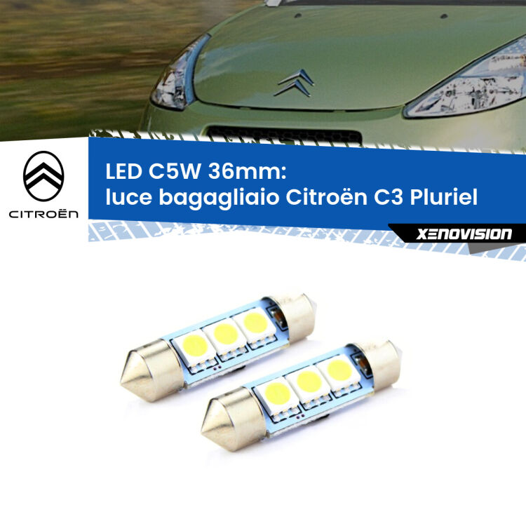 <strong>Luce Bagagliaio LED per Citroën C3 Pluriel</strong>  2003 - 2010. Coppia lampade <strong>C5W</strong> 36mm estremamente longeve.