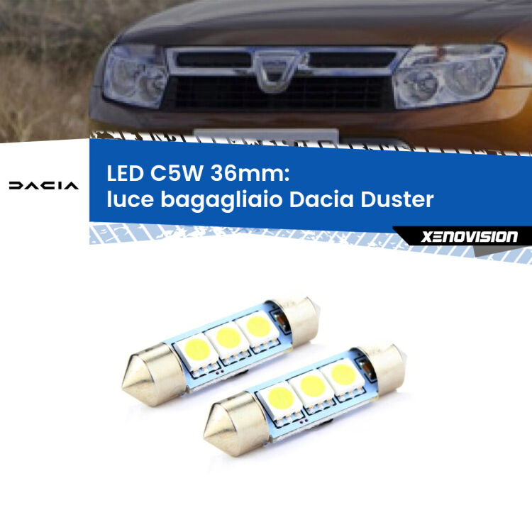 <strong>Luce Bagagliaio LED per Dacia Duster</strong>  prima serie. Coppia lampade <strong>C5W</strong> 36mm estremamente longeve.