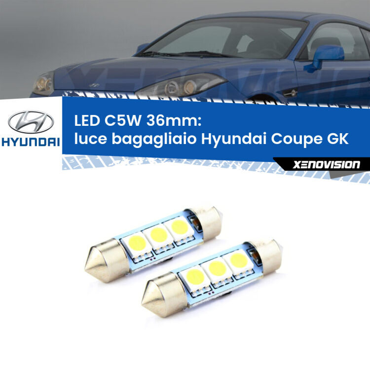 <strong>Luce Bagagliaio LED per Hyundai Coupe</strong> GK 2002 - 2009. Coppia lampade <strong>C5W</strong> 36mm estremamente longeve.