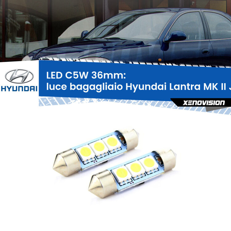 <strong>Luce Bagagliaio LED per Hyundai Lantra MK II</strong> J-2 restyling. Coppia lampade <strong>C5W</strong> 36mm estremamente longeve.