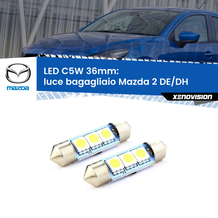 <strong>Luce Bagagliaio LED per Mazda 2</strong> DE/DH 2007 - 2015. Coppia lampade <strong>C5W</strong> 36mm estremamente longeve.