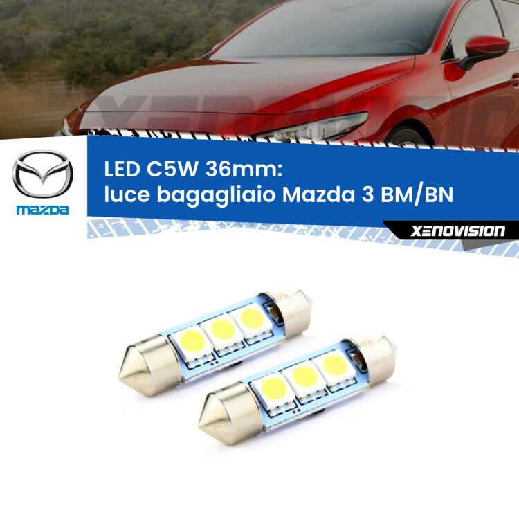 <strong>Luce Bagagliaio LED per Mazda 3</strong> BM/BN 2013 - 2018. Coppia lampade <strong>C5W</strong> 36mm estremamente longeve.