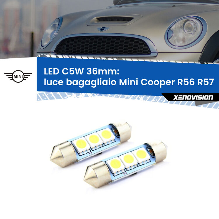 <strong>Luce Bagagliaio LED per Mini Cooper</strong> R56 R57 2006 - 2013. Coppia lampade <strong>C5W</strong> 36mm estremamente longeve.