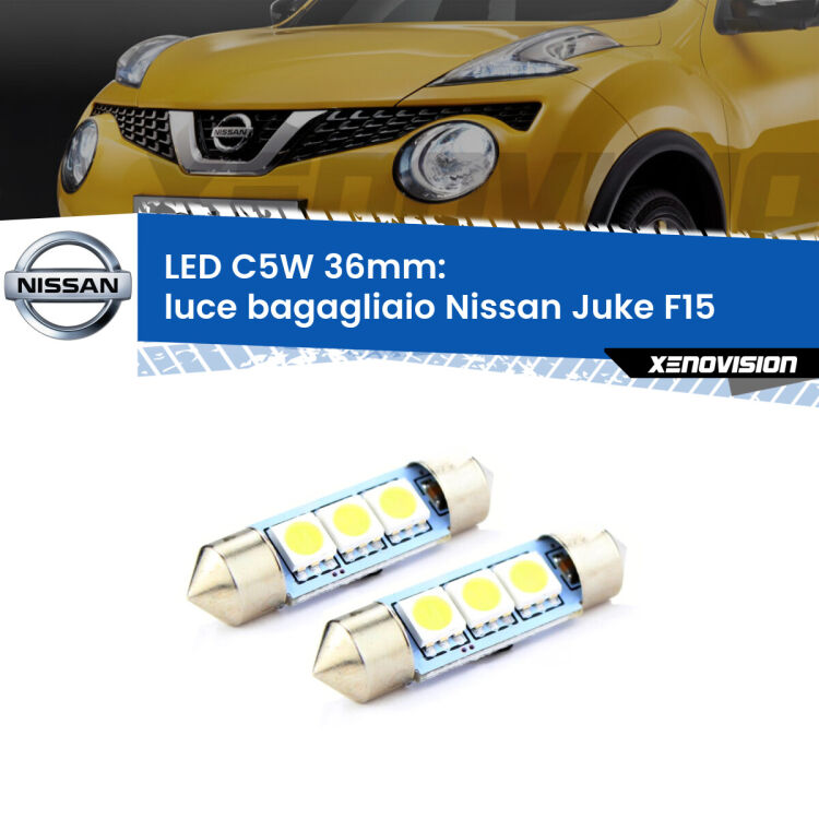 <strong>Luce Bagagliaio LED per Nissan Juke</strong> F15 2010 - 2018. Coppia lampade <strong>C5W</strong> 36mm estremamente longeve.