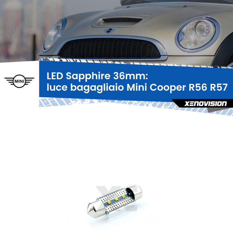 <strong>LED luce bagagliaio 36mm per Mini Cooper</strong> R56 R57 2006 - 2013. Lampadina <strong>c5W</strong> modello Sapphire Xenovision con chip led Philips.