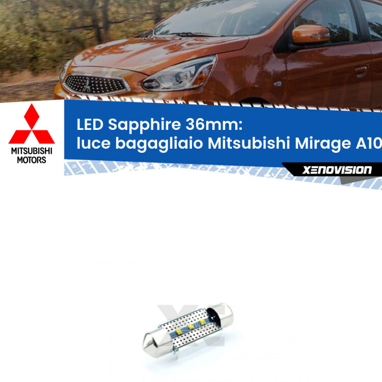 <strong>LED luce bagagliaio 36mm per Mitsubishi Mirage</strong> A10 2013 in poi. Lampadina <strong>c5W</strong> modello Sapphire Xenovision con chip led Philips.