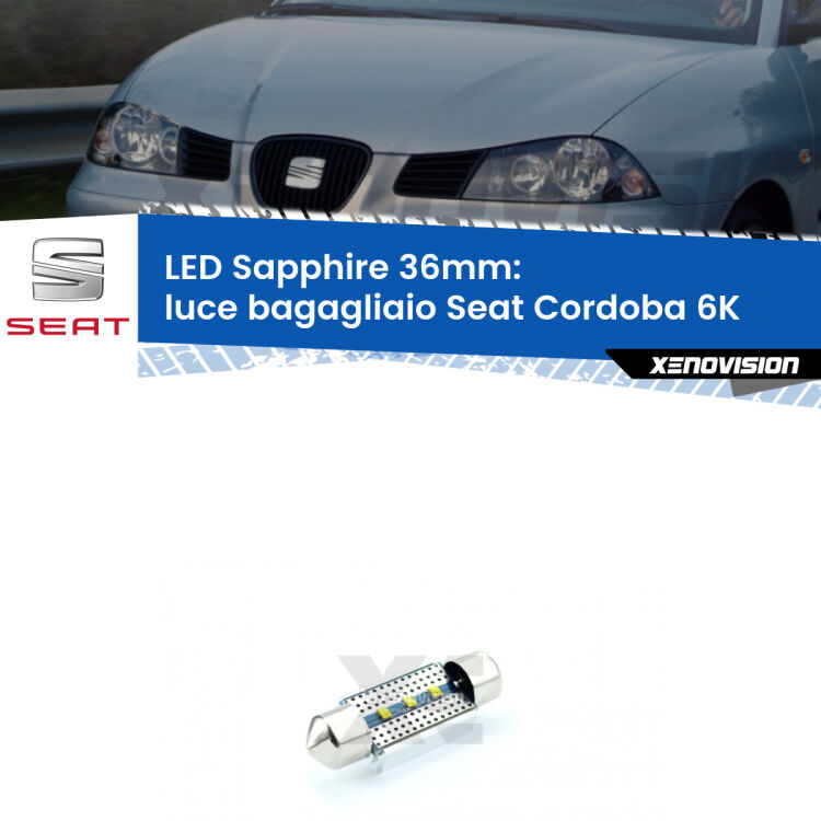 <strong>LED luce bagagliaio 36mm per Seat Cordoba</strong> 6K 1993 - 2002. Lampadina <strong>c5W</strong> modello Sapphire Xenovision con chip led Philips.