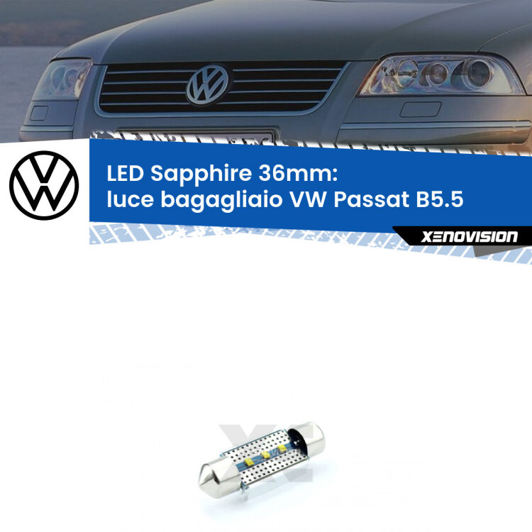 <strong>LED luce bagagliaio 36mm per VW Passat</strong> B5.5 2000 - 2005. Lampadina <strong>c5W</strong> modello Sapphire Xenovision con chip led Philips.