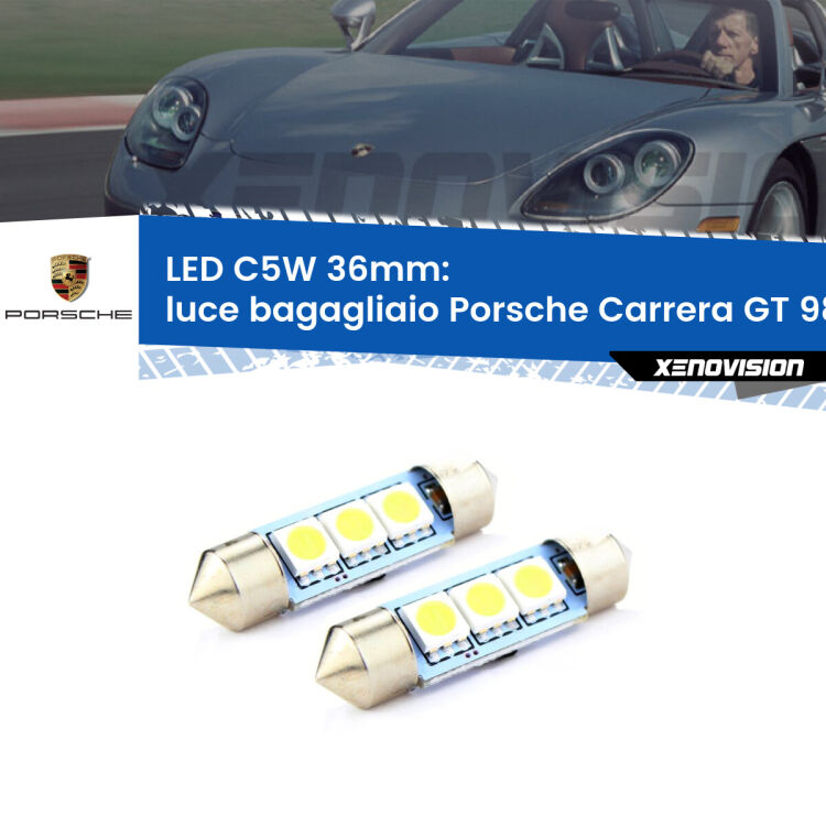 <strong>Luce Bagagliaio LED per Porsche Carrera GT</strong> 980 2003 - 2006. Coppia lampade <strong>C5W</strong> 36mm estremamente longeve.