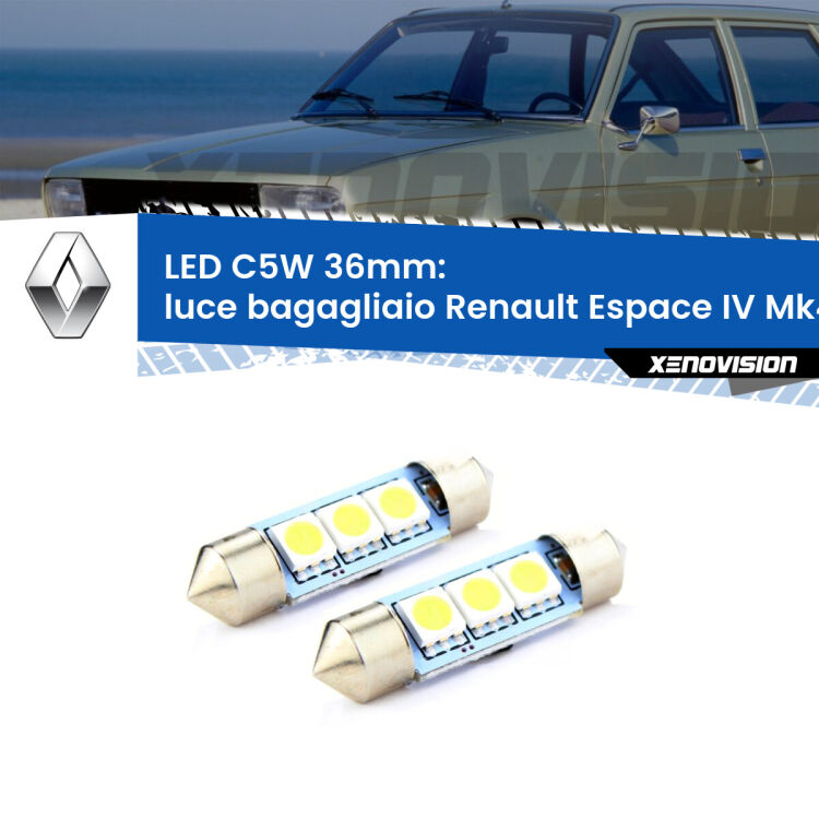 <strong>Luce Bagagliaio LED per Renault Espace IV</strong> Mk4 2002 - 2006. Coppia lampade <strong>C5W</strong> 36mm estremamente longeve.