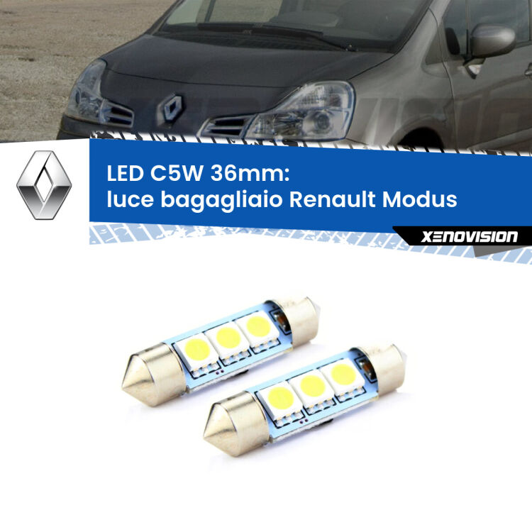 <strong>Luce Bagagliaio LED per Renault Modus</strong>  2004 - 2012. Coppia lampade <strong>C5W</strong> 36mm estremamente longeve.