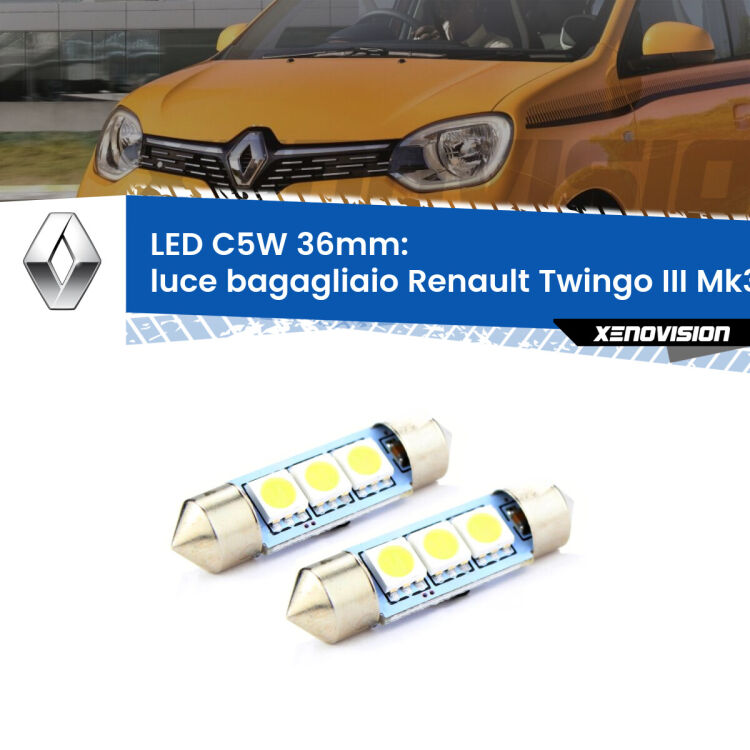 <strong>Luce Bagagliaio LED per Renault Twingo III</strong> Mk3 2014 - 2021. Coppia lampade <strong>C5W</strong> 36mm estremamente longeve.