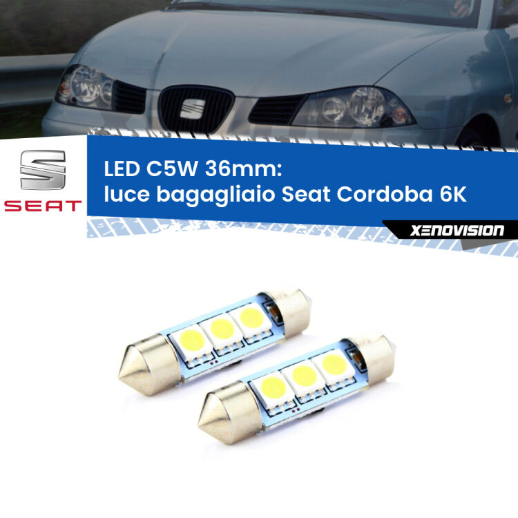 <strong>Luce Bagagliaio LED per Seat Cordoba</strong> 6K 1993 - 2002. Coppia lampade <strong>C5W</strong> 36mm estremamente longeve.