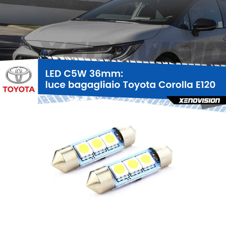 <strong>Luce Bagagliaio LED per Toyota Corolla</strong> E120 2002 - 2007. Coppia lampade <strong>C5W</strong> 36mm estremamente longeve.