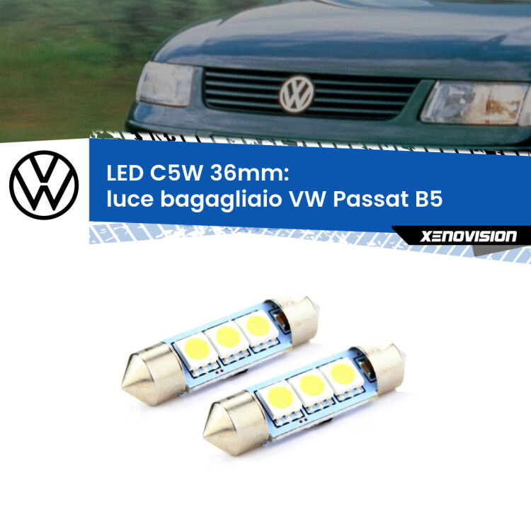 <strong>Luce Bagagliaio LED per VW Passat</strong> B5 Versione 1. Coppia lampade <strong>C5W</strong> 36mm estremamente longeve.