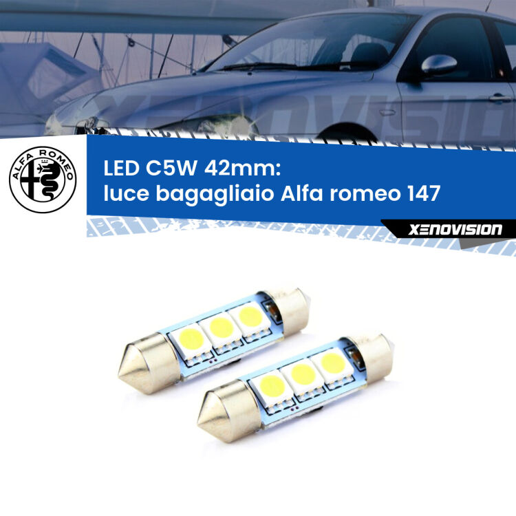 <strong>Luce Bagagliaio LED per Alfa romeo 147</strong>  2000 - 2010. Coppia lampade <strong>C5W</strong> 42mm estremamente longeve.