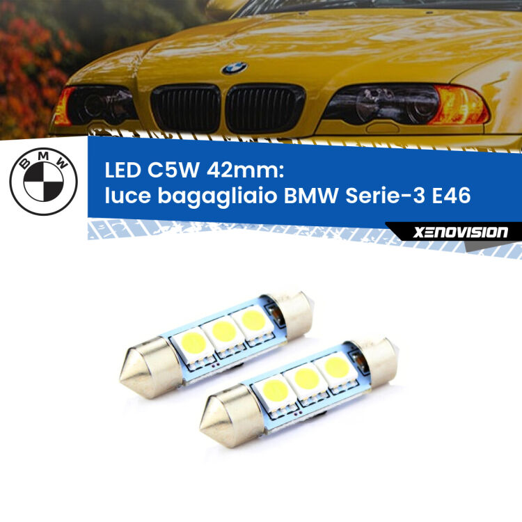 <strong>Luce Bagagliaio LED per BMW Serie-3</strong> E46 1998 - 2005. Coppia lampade <strong>C5W</strong> 42mm estremamente longeve.