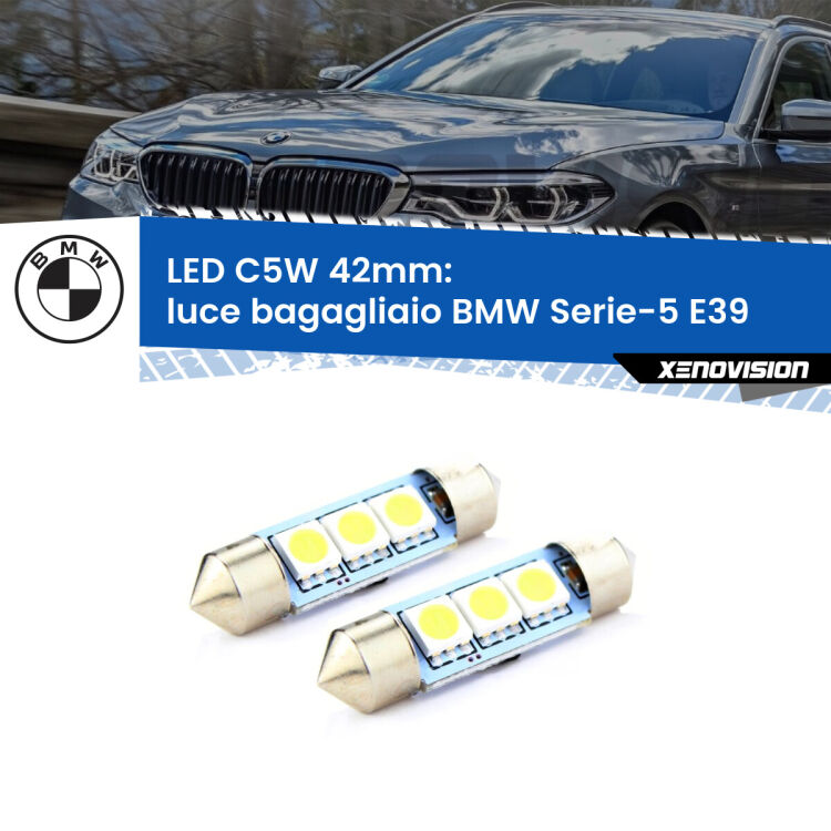 <strong>Luce Bagagliaio LED per BMW Serie-5</strong> E39 1996 - 2003. Coppia lampade <strong>C5W</strong> 42mm estremamente longeve.