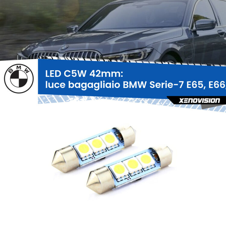 <strong>Luce Bagagliaio LED per BMW Serie-7</strong> E65, E66, E67 2001 - 2008. Coppia lampade <strong>C5W</strong> 42mm estremamente longeve.