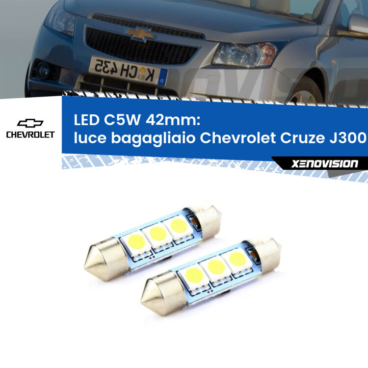 <strong>Luce Bagagliaio LED per Chevrolet Cruze</strong> J300 2009 - 2019. Coppia lampade <strong>C5W</strong> 42mm estremamente longeve.