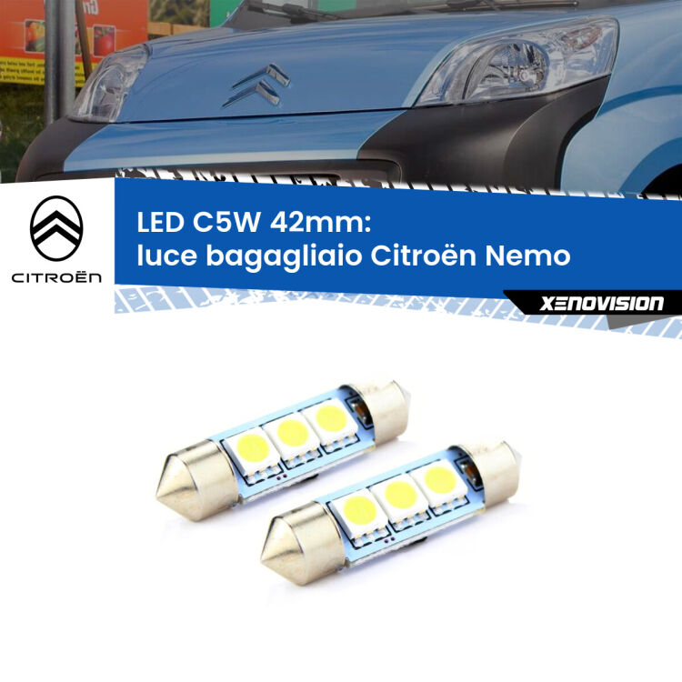 <strong>Luce Bagagliaio LED per Citroën Nemo</strong>  2008 in poi. Coppia lampade <strong>C5W</strong> 42mm estremamente longeve.