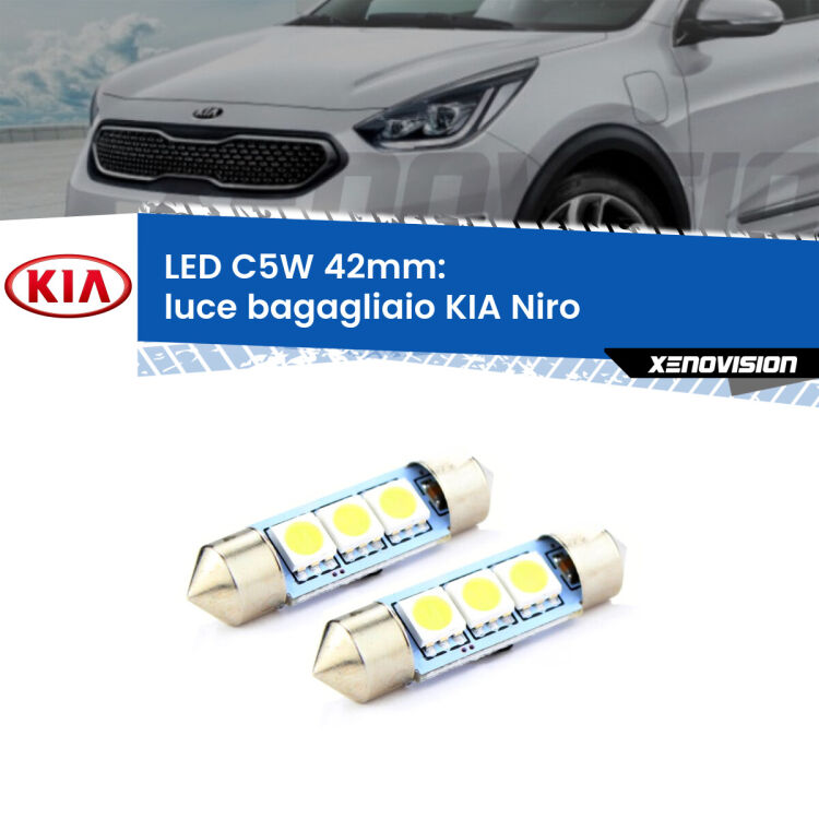 <strong>Luce Bagagliaio LED per KIA Niro</strong>  2016 in poi. Coppia lampade <strong>C5W</strong> 42mm estremamente longeve.