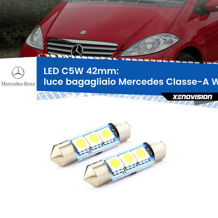 <strong>Luce Bagagliaio LED per Mercedes Classe-A</strong> W169 2004 - 2012. Coppia lampade <strong>C5W</strong> 42mm estremamente longeve.