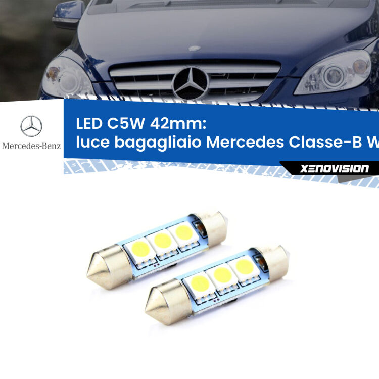 <strong>Luce Bagagliaio LED per Mercedes Classe-B</strong> W245 2005 - 2011. Coppia lampade <strong>C5W</strong> 42mm estremamente longeve.