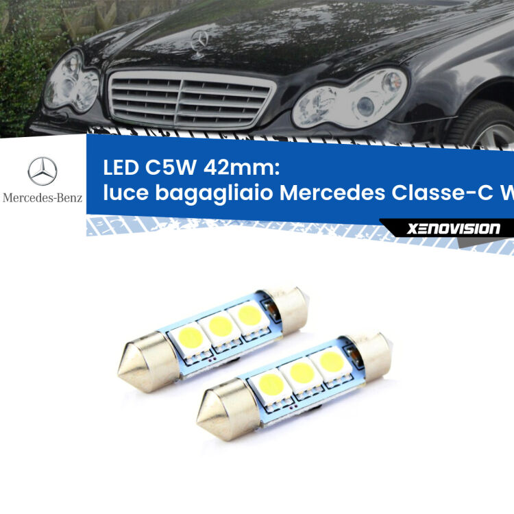 <strong>Luce Bagagliaio LED per Mercedes Classe-C</strong> W203 2000 - 2007. Coppia lampade <strong>C5W</strong> 42mm estremamente longeve.