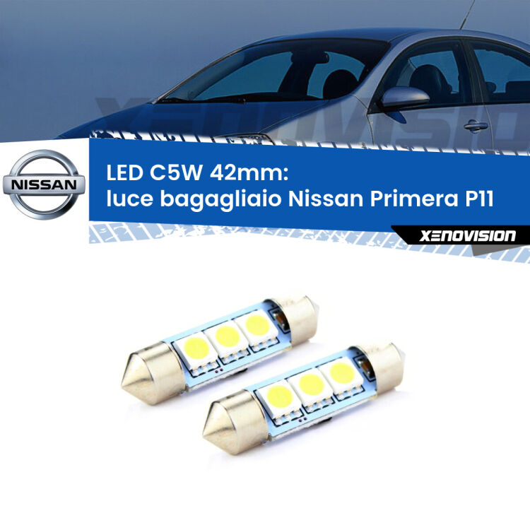 <strong>Luce Bagagliaio LED per Nissan Primera</strong> P11 1996 - 2001. Coppia lampade <strong>C5W</strong> 42mm estremamente longeve.