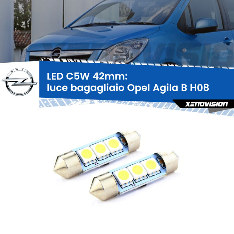 <strong>Luce Bagagliaio LED per Opel Agila B</strong> H08 2008 - 2014. Coppia lampade <strong>C5W</strong> 42mm estremamente longeve.