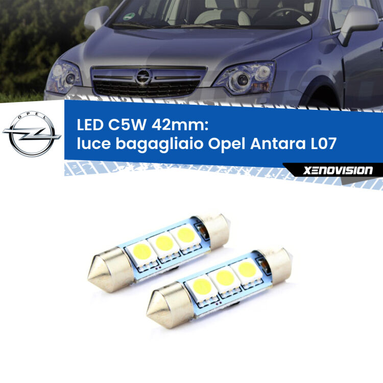 <strong>Luce Bagagliaio LED per Opel Antara</strong> L07 2006 - 2015. Coppia lampade <strong>C5W</strong> 42mm estremamente longeve.