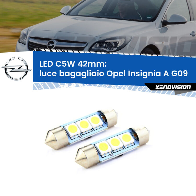 <strong>Luce Bagagliaio LED per Opel Insignia A</strong> G09 2008 - 2013. Coppia lampade <strong>C5W</strong> 42mm estremamente longeve.