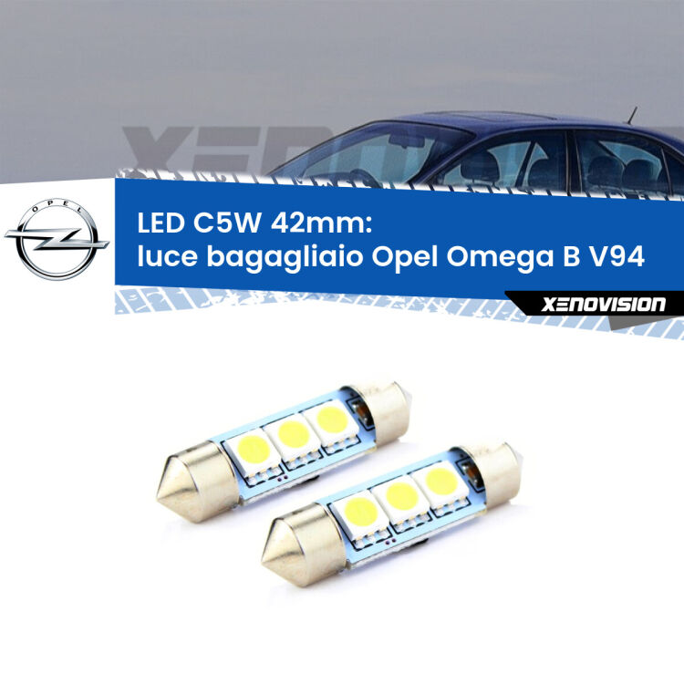 <strong>Luce Bagagliaio LED per Opel Omega B</strong> V94 1994 - 2003. Coppia lampade <strong>C5W</strong> 42mm estremamente longeve.