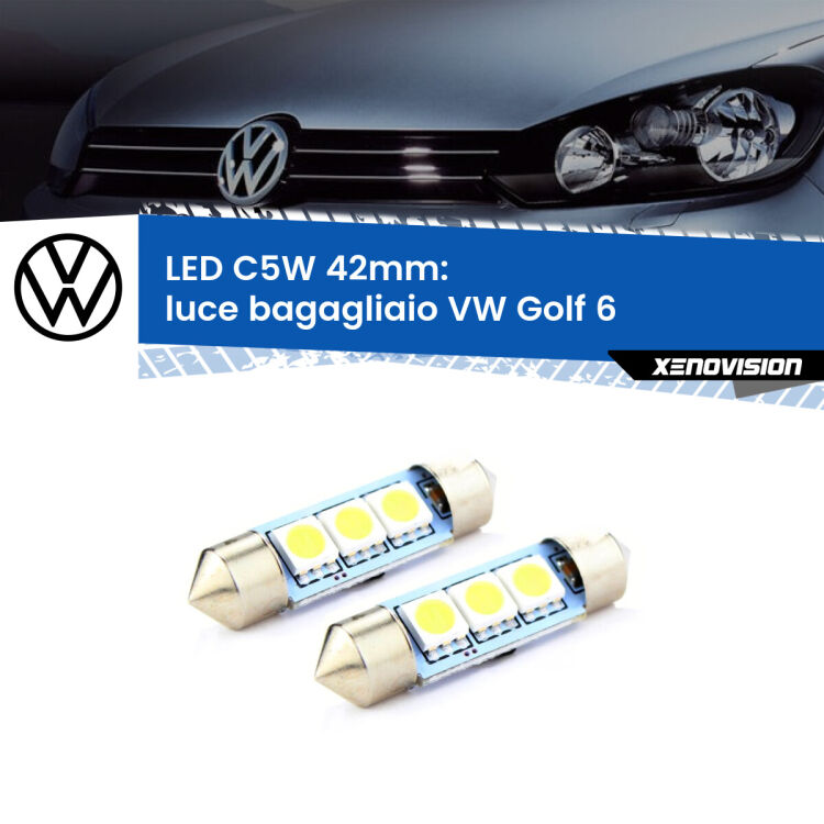 <strong>Luce Bagagliaio LED per VW Golf 6</strong>  2008 - 2011. Coppia lampade <strong>C5W</strong> 42mm estremamente longeve.