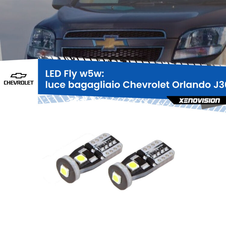 <strong>luce bagagliaio LED per Chevrolet Orlando</strong> J309 2011 - 2019. Coppia lampadine <strong>w5w</strong> Canbus compatte modello Fly Xenovision.