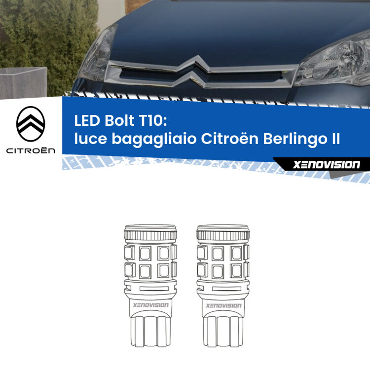 <strong>Luce Bagagliaio LED per Citroën Berlingo</strong> II 2008 - 2017. Coppia lampade <strong>T10</strong> modello Bolt canbus.