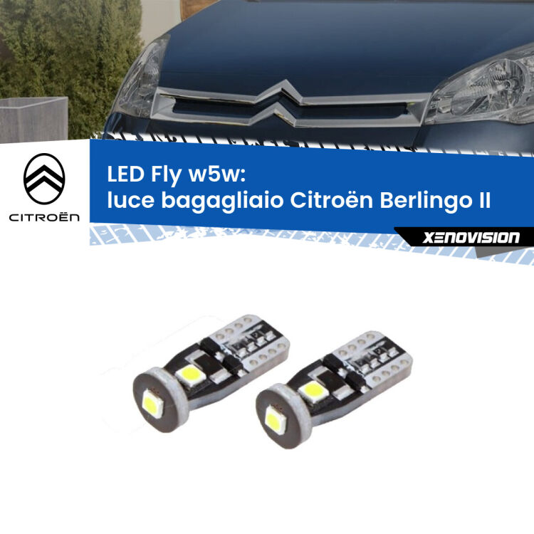 <strong>luce bagagliaio LED per Citroën Berlingo</strong> II 2008 - 2017. Coppia lampadine <strong>w5w</strong> Canbus compatte modello Fly Xenovision.