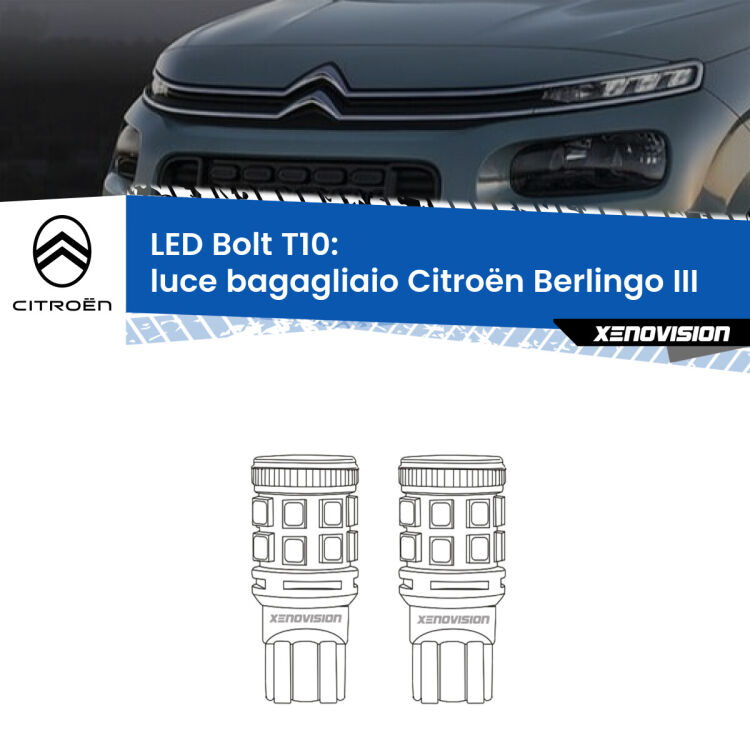 <strong>Luce Bagagliaio LED per Citroën Berlingo</strong> III 2018 in poi. Coppia lampade <strong>T10</strong> modello Bolt canbus.