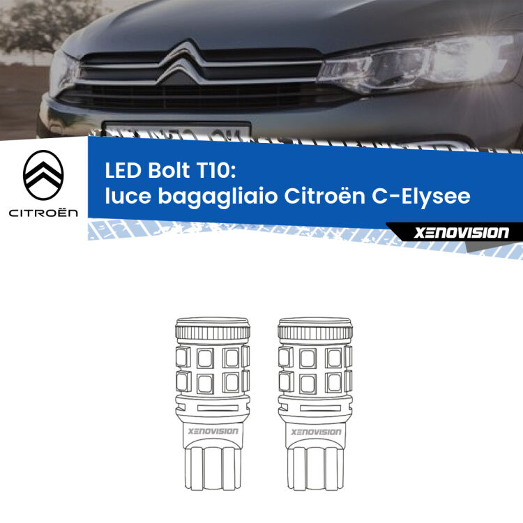 <strong>Luce Bagagliaio LED per Citroën C-Elysee</strong>  2012 in poi. Coppia lampade <strong>T10</strong> modello Bolt canbus.